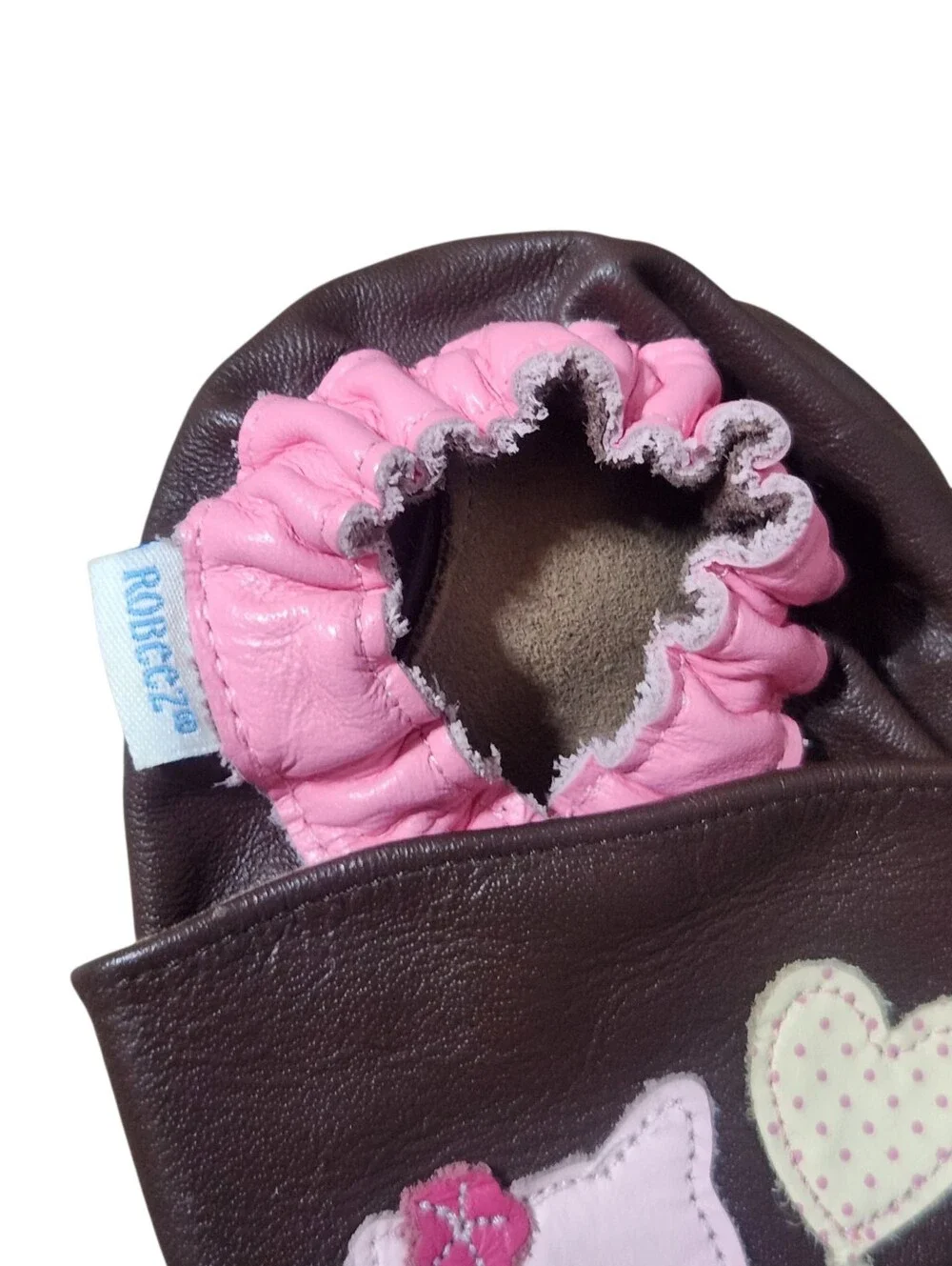 Robeez Leather Slippers Girls Size 3-4 Years Brown Pink Cat Slip On Shoes